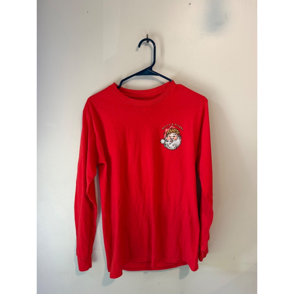 Simply Southern Merry & Bright Santa Leopard Hat Red Long Sleeve Tee Small